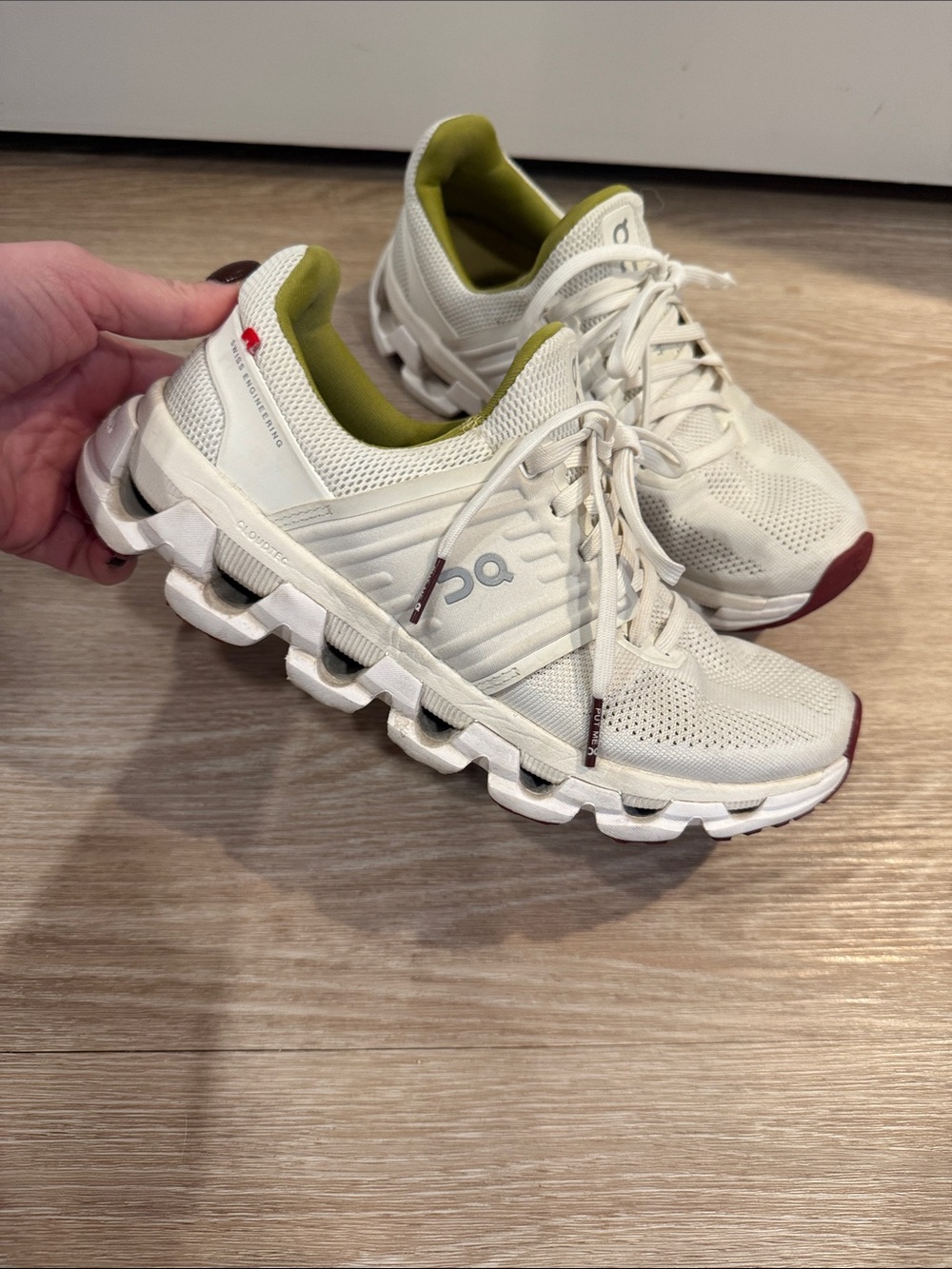 On Running Women's Sneakers in White with Olive Liner and Burgundy Accents